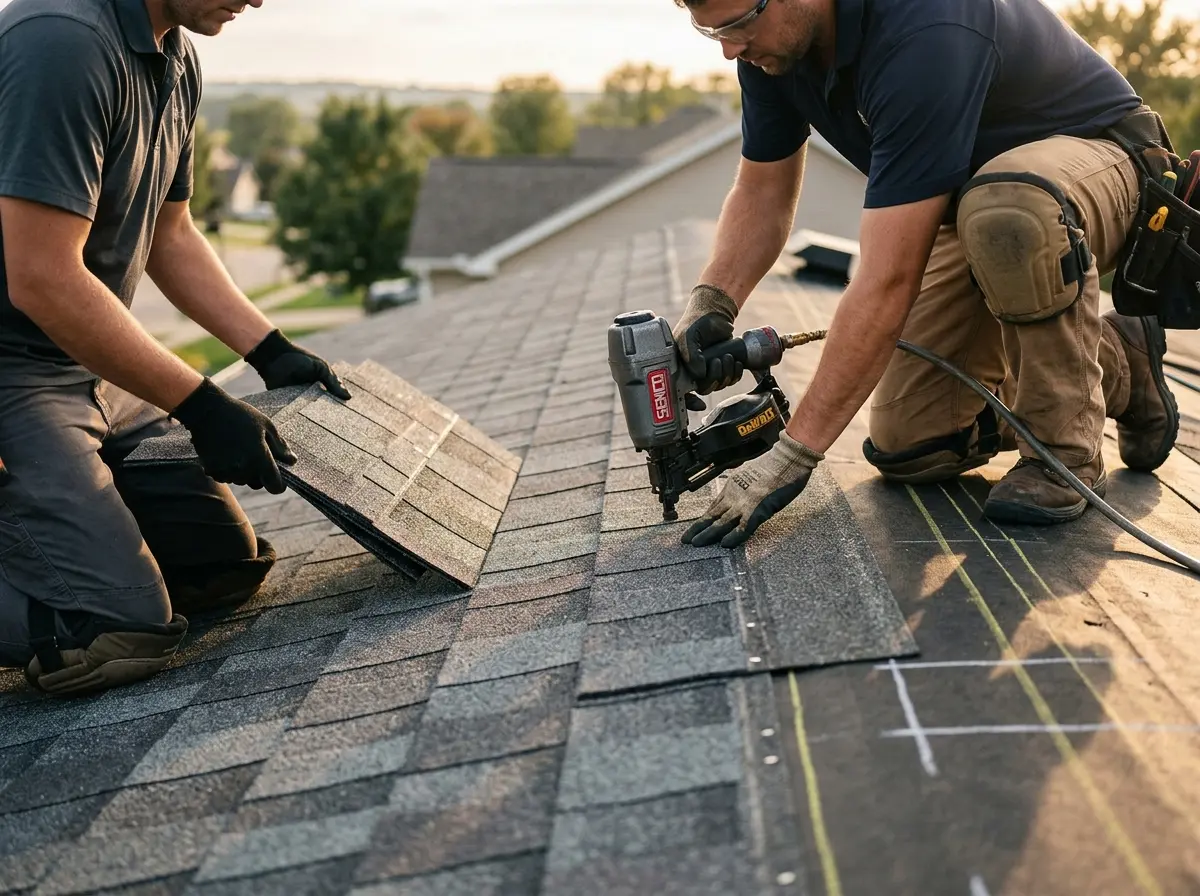Professional roofer working on a residential roof in Brentwood
